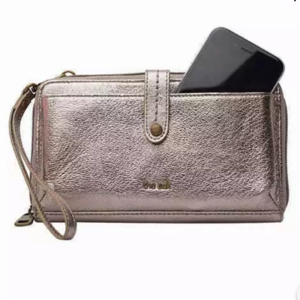 The Sack NEW Iris Rose Gold Pebble Leather Phone Crossbody Bag Clutch Wallet WOC